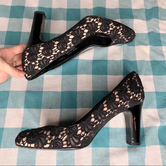 J. Crew Etta Black Lace Pumps Nude Crochet Block Heels Pumps Size 9.5 - Picture 4 of 9